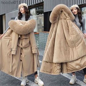 Kobiety Down Parkas 2023 Nowa zimowa kurtka damska parkas gruba ciepła futra podszewka długa parka żeńska z kapturem polarna płaszcz destachablą 5xl L230920