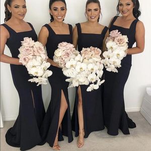 2023 preto sereia vestidos de dama de honra quadrado lado split varredura trem casamento convidado vestidos de festa dama de honra vestido simples personalizado barato