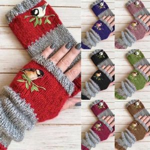 Five Fingers Gloves Cute Embroidery Birds Cotton Fingerless Glove for Women Knitted Block Splice Mitten s Girls Without 230919