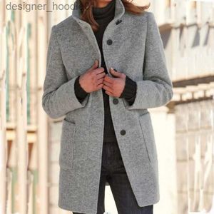 Women's Wool Blends 2023 Autumn/Winter European American Women's New Vintage Solid Button Standing Collar Woolen Mid Length Women's Coat S-3XL L230920