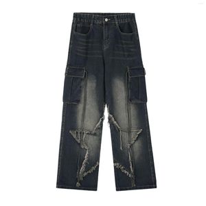 Jeans da uomo Pantaloni cargo vintage con tasche Pantaloni in denim hip-hop vestibilità ampia da strada Pantaloni retrò patchwork a stella