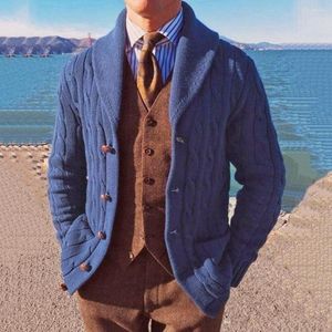 Vestes pour hommes automne et hiver hommes minces à manches longues tricoté revers bleu cardigan veste pull mâle hauts