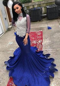 Evening Dresses Royal Blue Prom Party Gown Mermaid Trumpet Custom Plus Size New Lace Up Zipper High Neck 3/4 Long Sleeve Applique Beaded Backless
