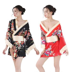 Traditionella kvinnor japanska kimono sömnkläder sexig djup v-ringning kimono satin blommig tryckt nattkläder kort badrock272l