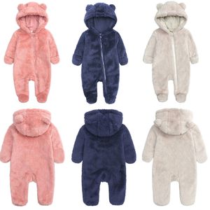 Macacões bebê romper infantil inverno bunting outfit menino menina velo sleeper criança com capuz azul rosa cinza onesie manga longa urso macacão 230919