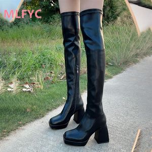 Botas longas sobre o joelho feminino 2023 outono inverno quadrado cabeça plataforma de salto grosso zíper lateral moda bota botas de mujer 230920