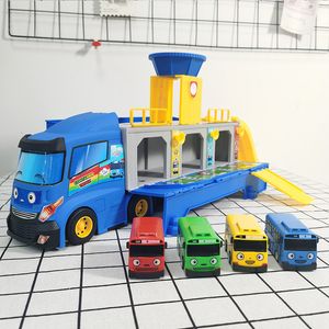 Modellino auto Cartoon Tayos The Little Bus Container Truck Storage Box Parcheggio con 3 Pull Back Mini Car Toys Per bambini Regali di compleanno 230919