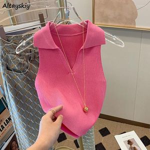 Canotte da donna lavorate a maglia da donna sexy dolce estate senza maniche semplice casual stile coreano colletto rovesciato top corto da donna streetwear chic