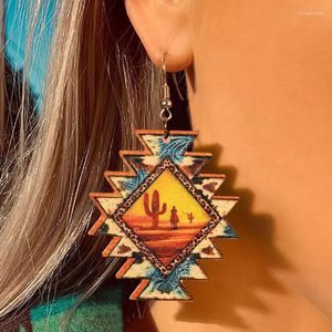 Dingle örhängen boho trä dubbelsidig västerländsk aztek mönster droppe för kvinnor geometrisk solnedgång ko kaktus