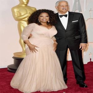 우아한 오프라 Winfrey Oscar 유명인 레드 카펫 드레스 샴페인 인어 플러스 크기 긴 슬리브 주름이 저녁 어머니 신부 195c