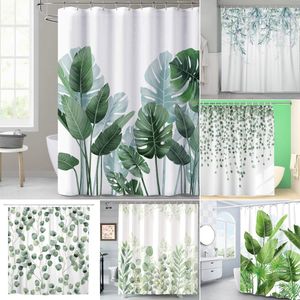 シャワーカーテントロピカルグリーンの葉の白い背景の上の植物バスルームシャワーとバスタブの装飾用の臭いのないシャワーカーテンフック230919