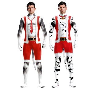 Catsuit Costumes Christmas Bell Spotted Dog Print Sexy Bodysuits Unisex Long Sleeve With Tail Cosplay New Jumpsuit Gay Party Costume Catsuit Xmas