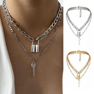 Charm Link Chain Choker Necklace Punk Multilayer Padlock Nyckel Lång pendelhalsband för kvinnor Guldfärgkrage Juvelery253f