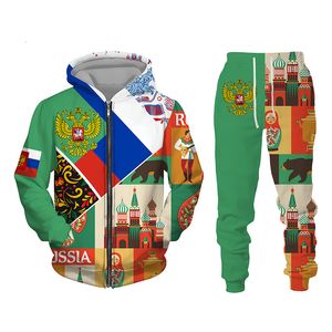 مسارات الرجال العلم الروسي ثلاثي الأبعاد طباعة الرجال نساء سستورات سستورس وضعت سراويل هوديي 2pcs متضخمات التتبع.