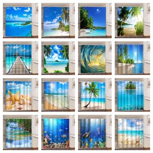 Shower Curtains 3D Seaside Sea Beach Shower Curtains Coconut Tree Bathroom Curtain Fabric Waterproof Polyester Bath Curtain with Hooks Cortinas 230920