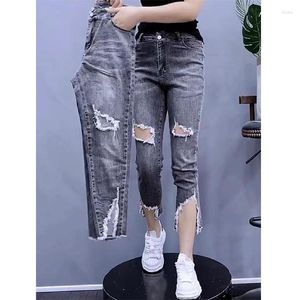 Kvinnors jeans plus storlek hål jean kvinnor rippade stretch denim blyerts byxor 2023 sommar tunt hög midja mager pant streetwear grå färg