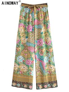 Calças femininas capris vintage chique mulheres pavão floral impressão boêmio calças de perna larga senhora cintura elástica solta rayon boho calças compridas calças de tamanho grande 230920