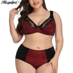 Sexig uppsättning plusgalpret Floral Print Lace BH och trosuppsättning kvinnor Sexig underkläderbh-set Intimates Ladies Underwear Set 85-110 D Cup XL-6XL L230920