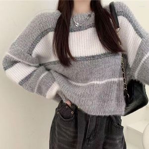 Swetry damskie hsa nieregularny sweter w paski kobiety Winter Cashmere O-Neck Pullovers Knit Hip Hop Harajuku dzianinowy skoczek Vintage Tops