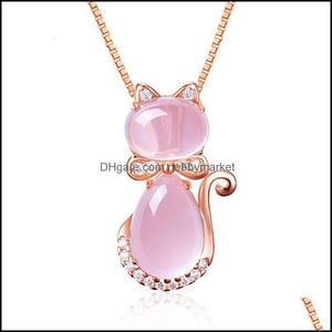 Jewelry Settings Moonrocy Rose Gold Color Cz Crystal Ross Quartz Pink Opal Necklace Earrings And Ring Set For Cute Cat Women Dhgarden Otw5P