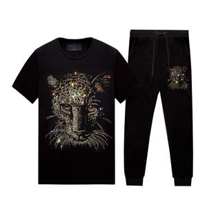 Summer Casual Rhinestone Shirts Pants Tracksuit Men Kvinnor - Två stycken sätter korta ärmstoppar och leggings Black Cotton Blend314Z