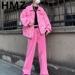 Мужские спортивные костюмы HMZ Trendy Y2K Мужской комплект розового цвета Джинсовый костюм Однотонная джинсовая куртка с лацканами Пальто Широкие прямые мужские повседневные топы Брюки 230920