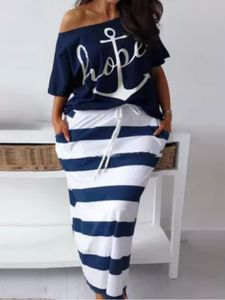 Plus size Dresses Size Casual Outfits Set Women's Anchor Letter Print Short Sleeve Tshirt Strip Slim Fit Skirt 2pcs Women Plu ghjts 230919