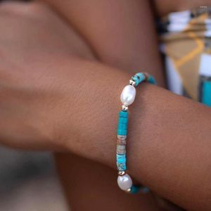 Strand Vlen Natural Freshwater Pearls Bransoletka dla kobiet Turquoises Złota Pleted Bracelets Stretch Summer Beach Jewelry