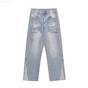Модные брендовые потертые джинсы с тиснением и карманами индивидуального дизайна с отстрочкой на штанинах, прямые повседневные брюкиne7m