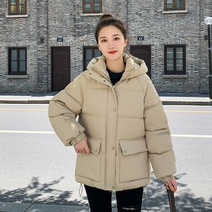 Parka in piumino da donna CRRIFLZ Autunno Inverno Colletto alla coreana da donna Parka caldo con cappuccio Giubbotti Solido Tasca grande con bottoni Cappotto in cotone sciolto con cerniera da donna 230919