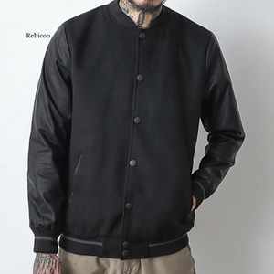 Giacche da uomo Uomo PU Manica in pelle Lana Varsity Giacca da baseball Colletto alla coreana Nero Preppy Stile giapponese Capispalla maschile Autunno 230919