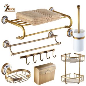 Badtillbehör Set Zgrk Antika badrumstillbehör snidade mässing Hårdvaruuppsättning Väggmonterad handduk Barpappershållare Tygkrok Badrum Hardware Kit 230920