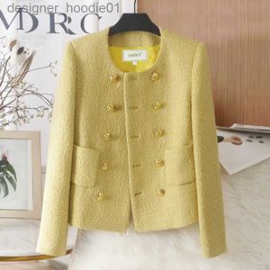 Wełniane mieszanki damskiej żółty francuski Krótki szyk mała zapach wełniana kurtka damska nowa jesień zima wysokiej klasy temperament Tweed Coat L230920