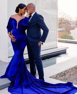 Evening Dresses Royal Blue Prom Party Gown Mermaid Trumpet Long Sleeve Velvet Custom Plus Size New Lace Up Zipper O-Neck Illusion