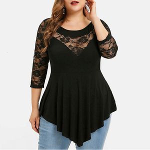 Maglietta taglie forti da donna 5XL Pizzo floreale Scava fuori Camicetta tunica sexy Camicia Donna Primavera Autunno Top con volant Blusa irregolare 230919