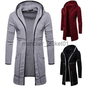 Erkek trençkotları 2022 Moda Erkek Kapşonlu Katı Üstler Trench Coat Ceket Hırka Uzun Kollu Out Giyim Bluz Yüksek Kalite Günlük Sıcak Sweatshirt J230920