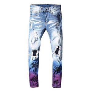 Smala jeans män kokosnöt palm tryckt färgade rippade jeans smala fit hål nödställda stretch denim byxor byxor243s