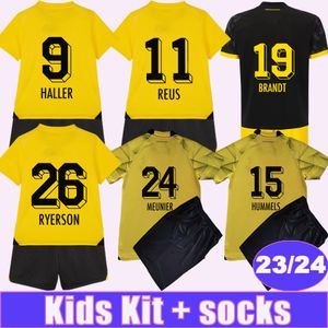 2023 24 HAZARD Kids Kit Futebol Jerseys Cup Jersey Reus Haaland Brandt Hummels Home Amarelo Away Roupas Infantis Camisas de Futebol