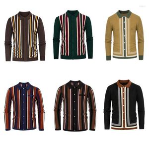 Men's Sweaters Casual Vertical Stripe Knitted Long Sleeve Button Cardigan Turn-down Collar Business Sweater Coat Polos Contrast Color