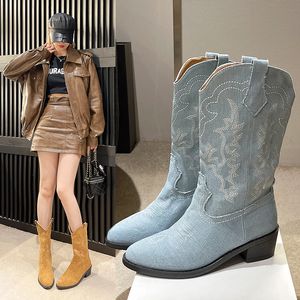 Сапоги женские в ковбойском стиле в стиле вестерн в стиле ретро, винтажная вышивка, осенняя мода, классическая женская обувь до колена, большие размеры 3543 230920