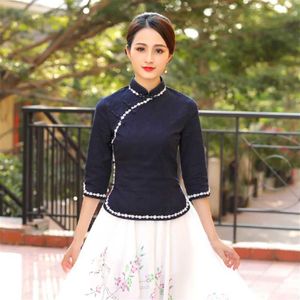 Etniska kläder Sheng Coco S-4XL Plus Size Traditionell kinesisk cheongsam-skjortor Navy Blue Woman Blue Cotton Qipao Tops282C