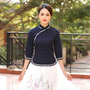 エスニック服Sheng Coco S-4XLプラスサイズの伝統的な中国のチョンサムシャツネイビーブルーウーマンブラウス綿Qipao Tops282c