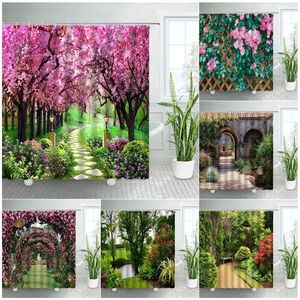 Duschvorhänge, Frühling, ländliche Landschaft, Duschvorhänge-Set, rosa Blumen, Baum, Wald, natürliche Blumen, grüne Pflanzenlandschaft, mit Haken, Badezimmer-Dekoration 230919