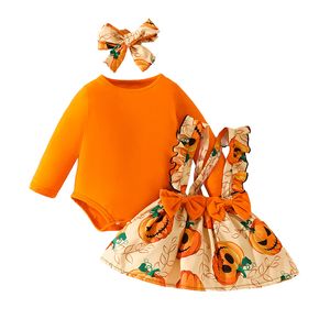 Kläderuppsättningar 018 månader baby flicka kläder halloween långärmad orange bodysuit pumpa camisole kjolar hårband 3 datorer set spädbarn outfits 230919