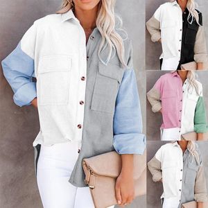 Men's Sweaters Women Patchwork Blouses Corduroy Long Sleeve Single Breasted Turn-down Collar Shirt Office Lady Pocket Streetwear Elegant