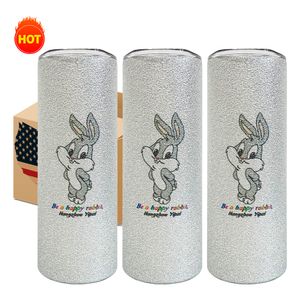 USA warehouse free shipping silver rough glitter blank sublimation 20oz skinny straight tumbler with lids double wall Stainless Steel Travel Mug with white box