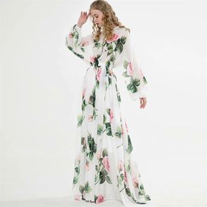 Women's Runway Dresses O Neck Long Sleeves Floral Printed Lace Up Elegant Maxi Design Casual Dress Vestidos292T