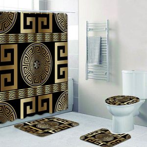 Duschgardiner 3D Luxury Black Gold Greek Key slingrande barock badrumsgardiner Duschgardin Set för badrum modern geometrisk badmatta dekor 230919