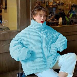 レディースダウンルシエバー2023冬の厚い暖かいジャケット女性韓国人スタンドカラーコーデュロイパーカーピンクブルーコットンパッドショートコート
