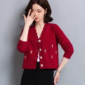 Damen-Strickjacke, Damen-Strickjacke mit V-Ausschnitt, Frühlings-Herbst-Oberteil, Hautrosa/Lotuswurzel/Grün/Rot/Hellviolett, Schal-Pullover, Mantel, kurze Jacke